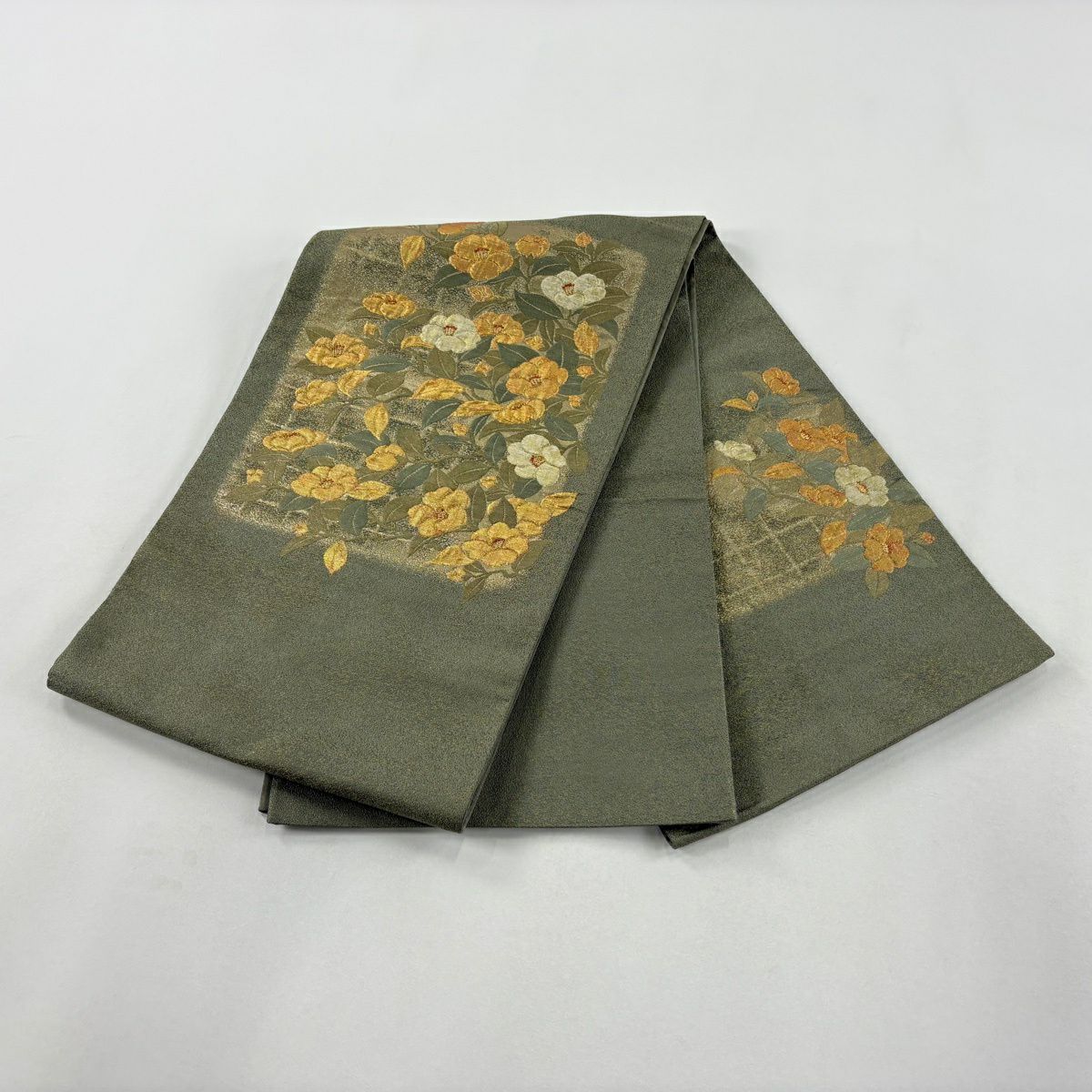【美品】 袋帶 秀品級 椿 金金箔 金絲 綠 お太鼓圖案 純蠶絲