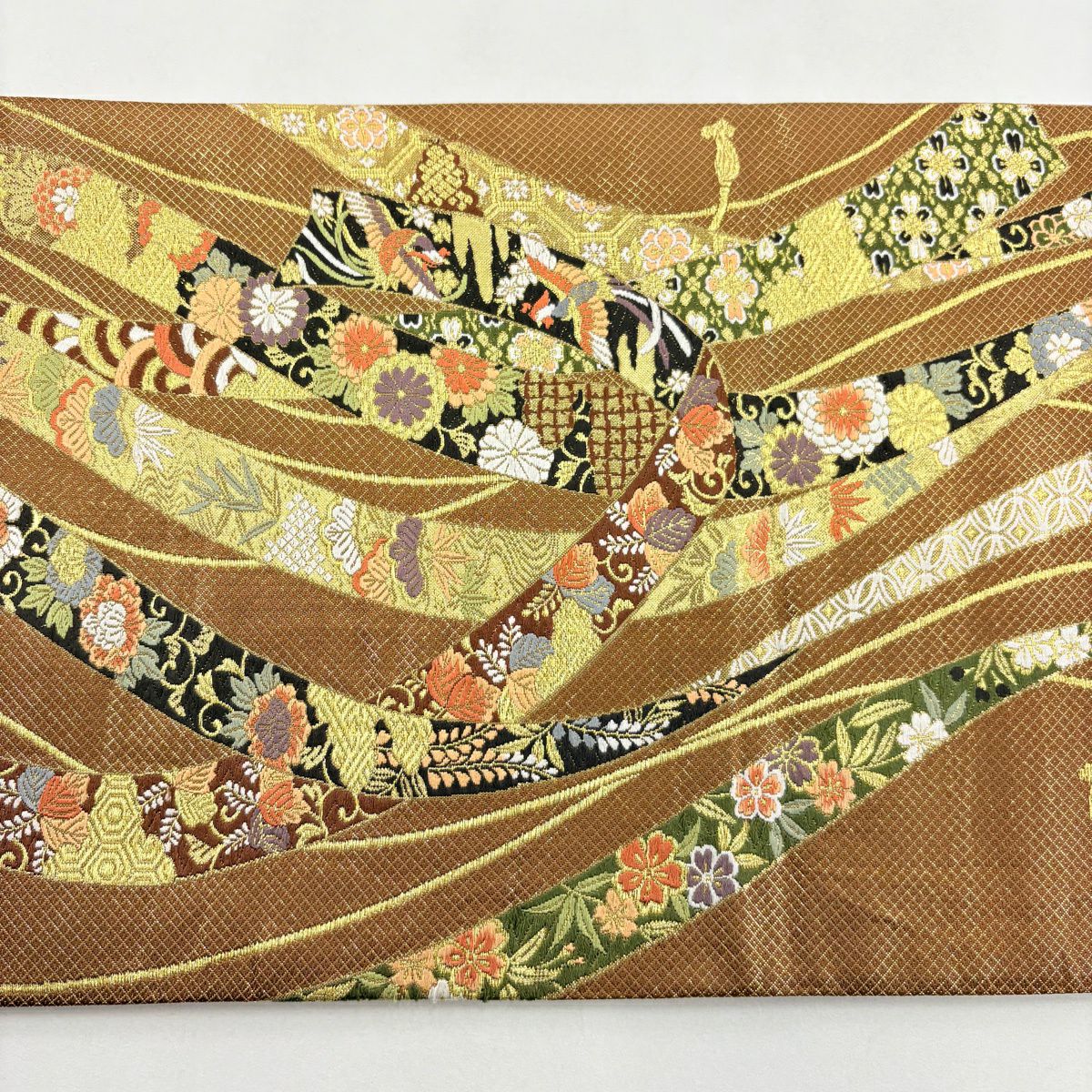 【美品】 袋帶 秀品級 大和 花鳥 蔓帶 刺繡 金金箔 茶 六通 純蠶絲