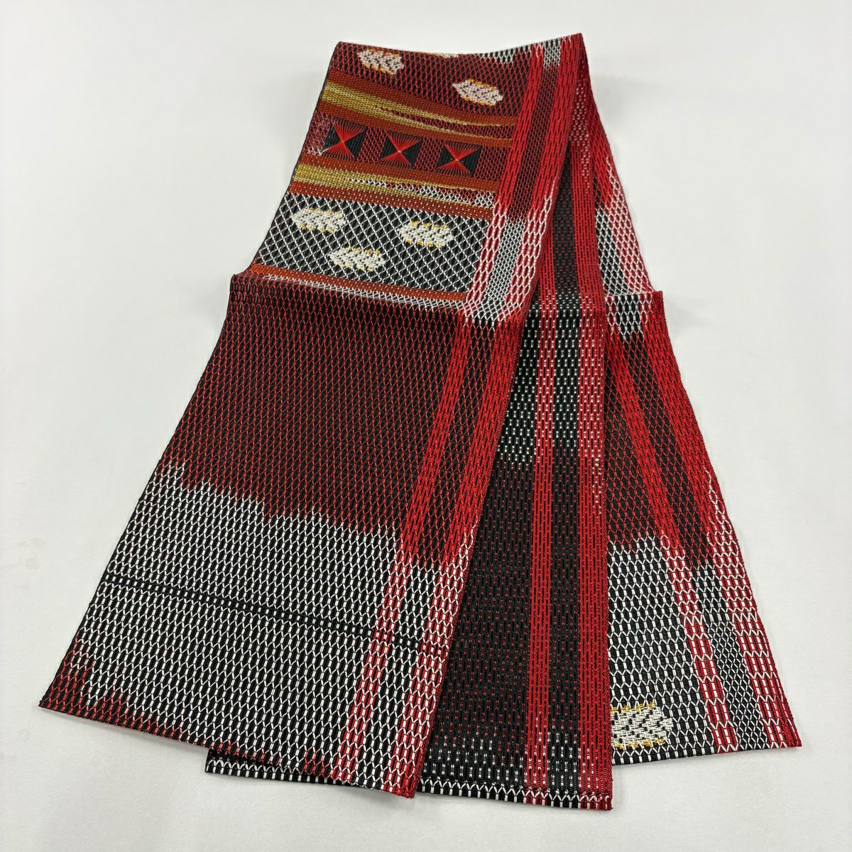 【美品】 名古屋帶 秀品級 隧道仕立 夏帶 八寸名古屋帶 幾何圖案 紅黑 純蠶絲