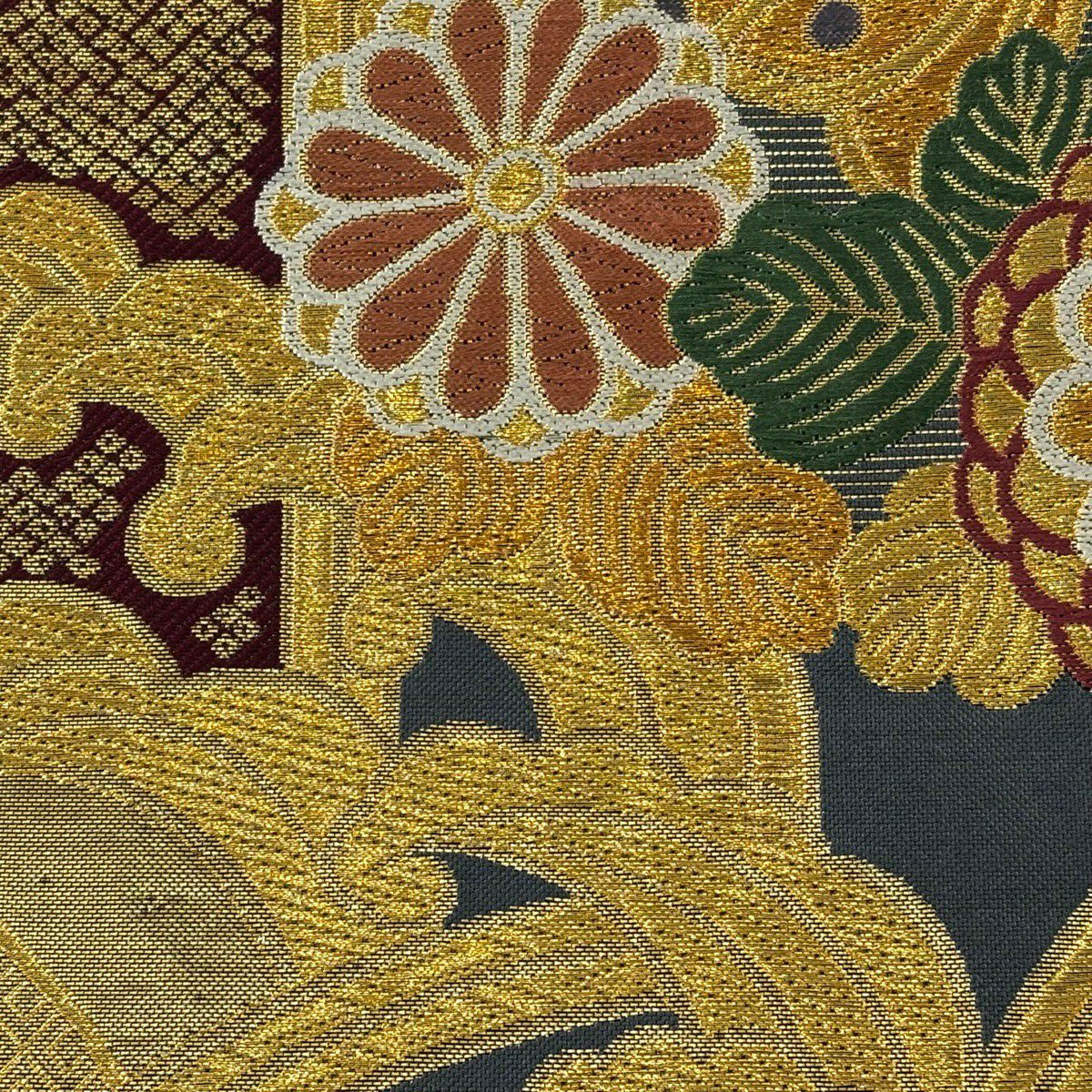 袋帶 秀品級 草花紋紋 蝶 金銀彩 金金箔 金 六通 純蠶絲