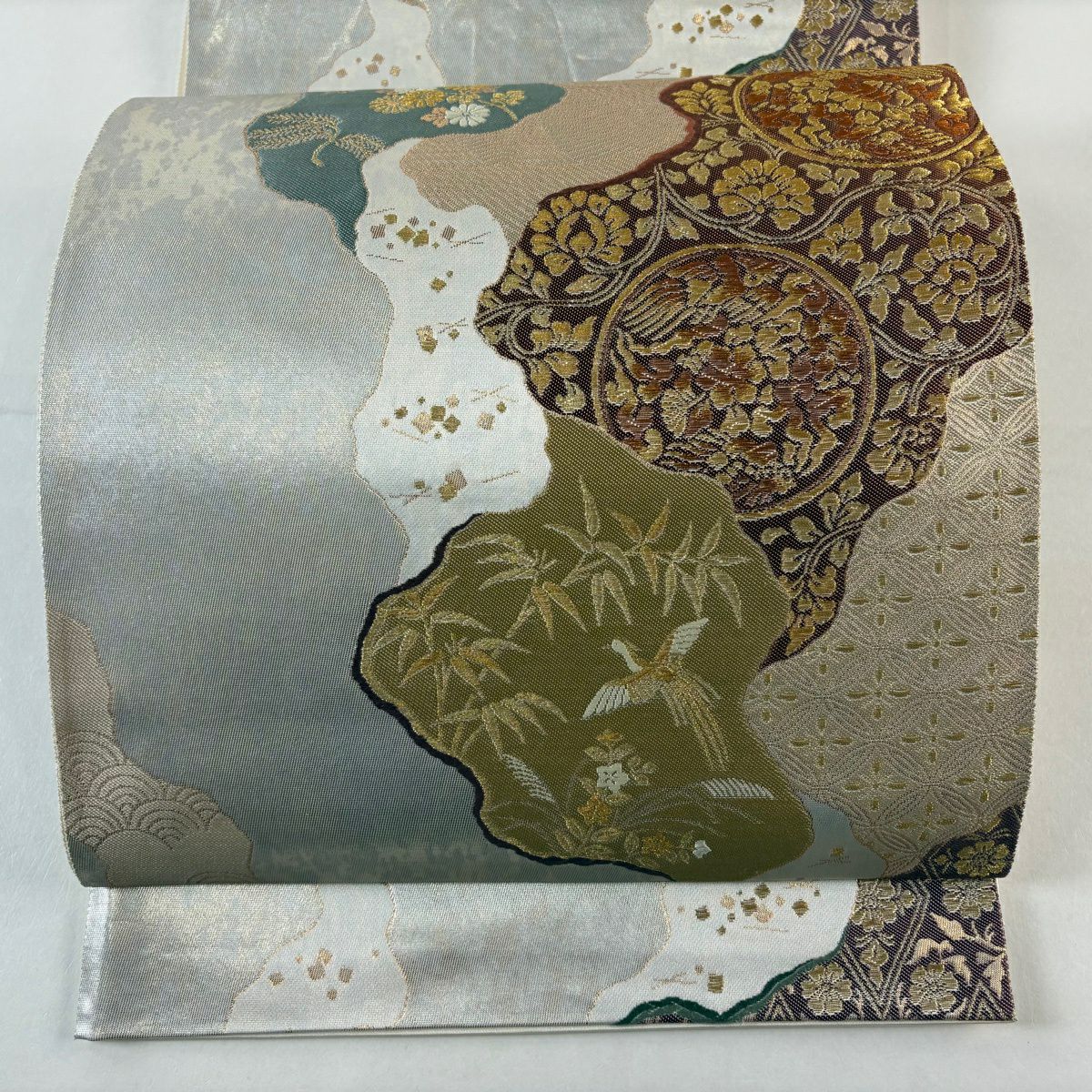 袋帶 秀品級 花鳥 道長取 金絲 金金箔 銀 六通 純蠶絲