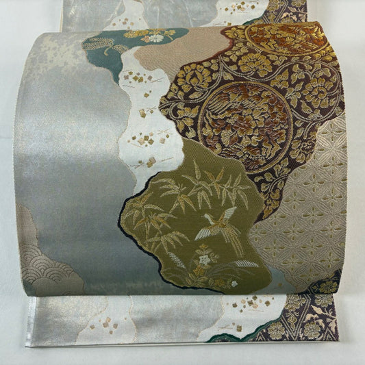 袋帶 秀品級 花鳥 道長取 金絲 金金箔 銀 六通 純蠶絲