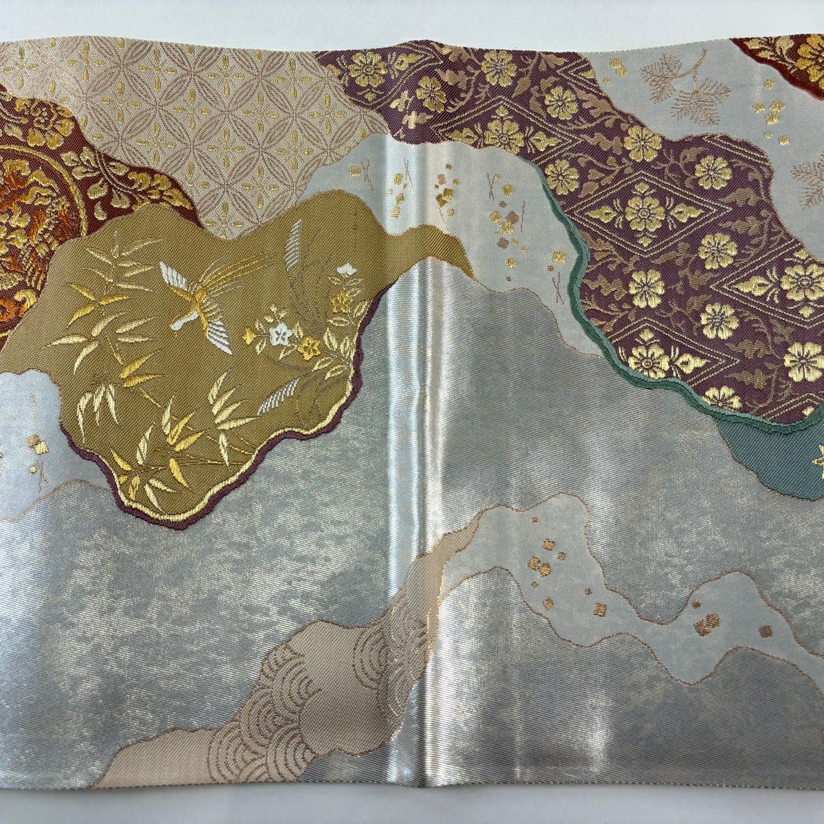 袋帶 秀品級 花鳥 道長取 金絲 金金箔 銀 六通 純蠶絲