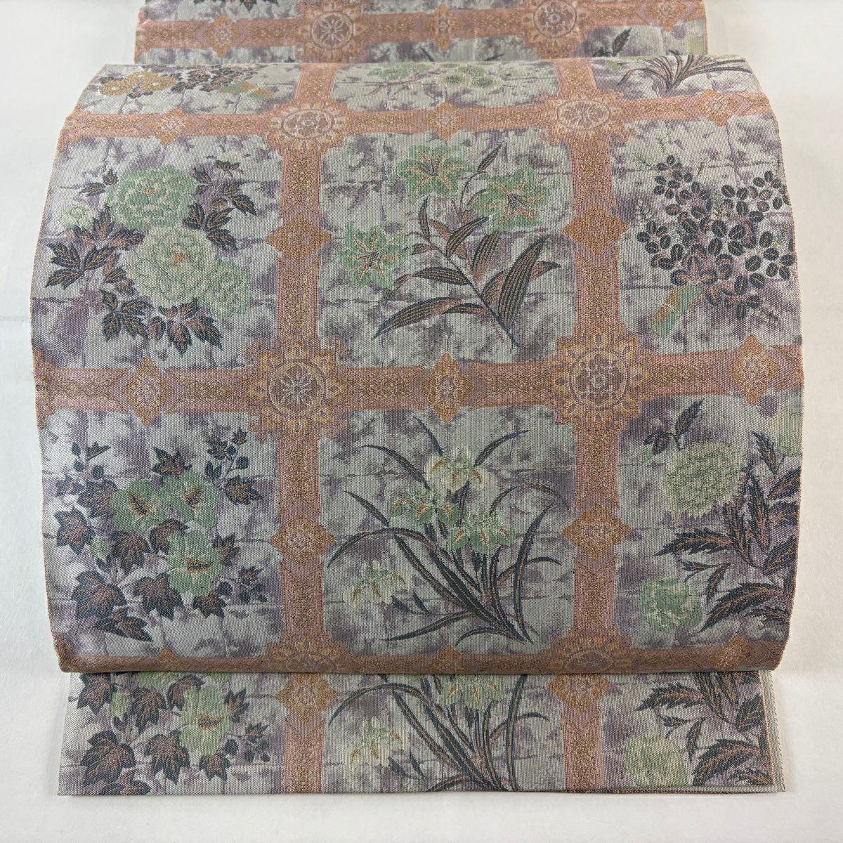 【美品】 袋帶 秀品級 落款あり 萬葉 格天井 菖蒲 灰紫 全通 純蠶絲