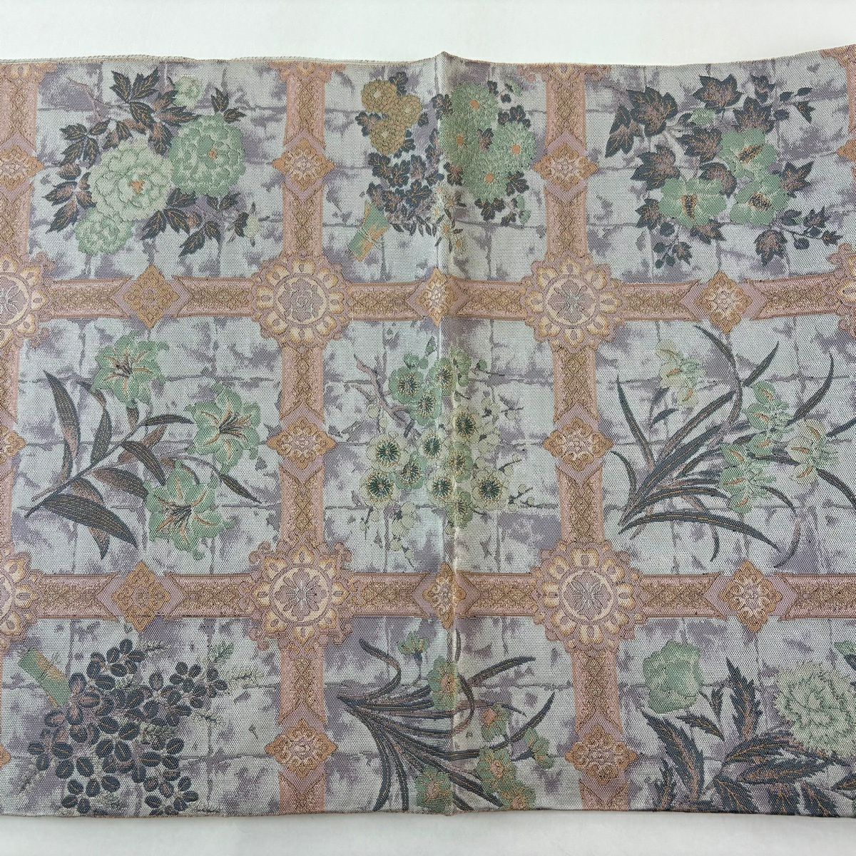 【美品】 袋帶 秀品級 落款あり 萬葉 格天井 菖蒲 灰紫 全通 純蠶絲