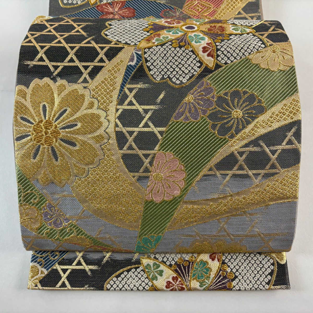 袋帶 秀品級 香倫 櫻花 籠目 金絲 金金箔 灰 深藍 六通 純蠶絲