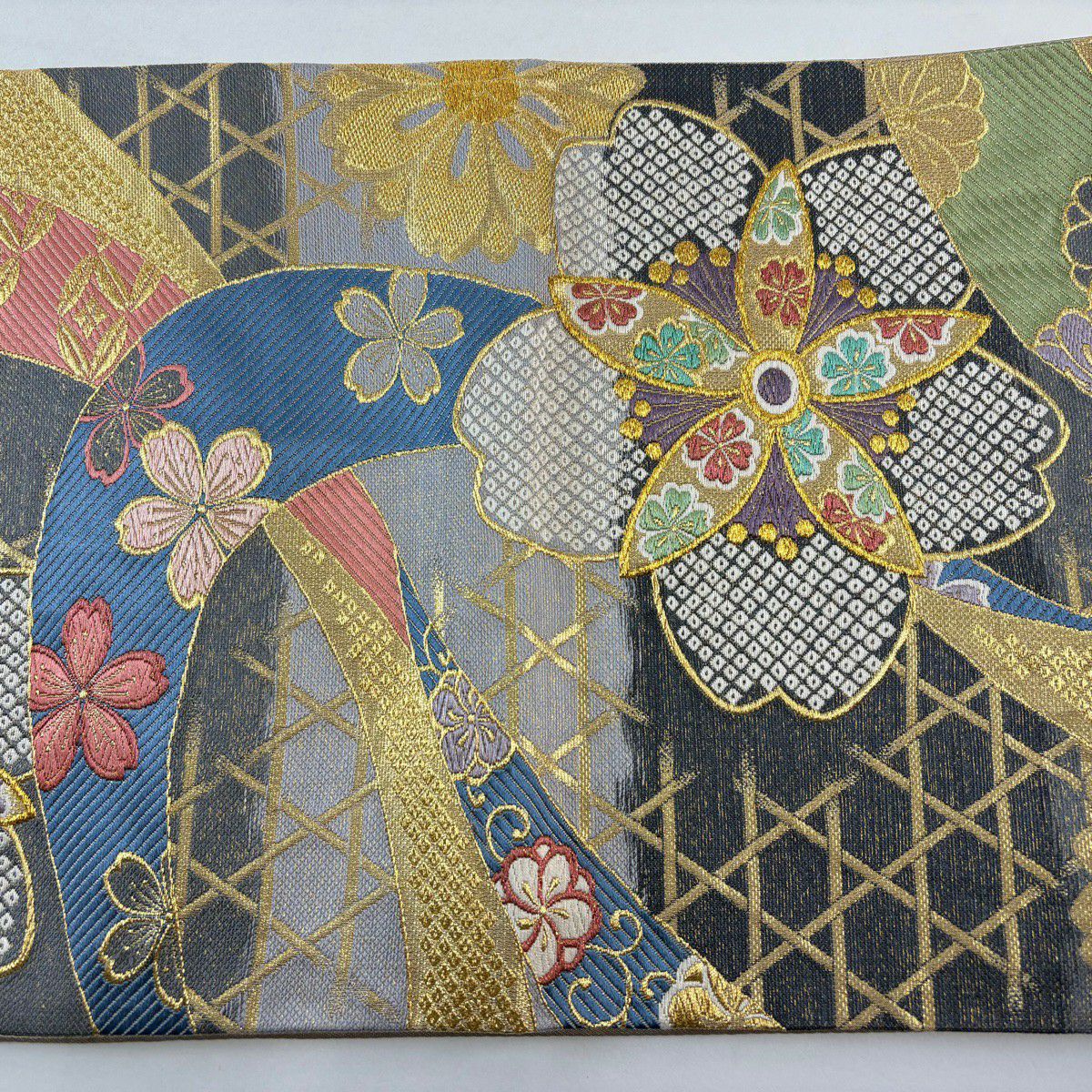 袋帶 秀品級 香倫 櫻花 籠目 金絲 金金箔 灰 深藍 六通 純蠶絲