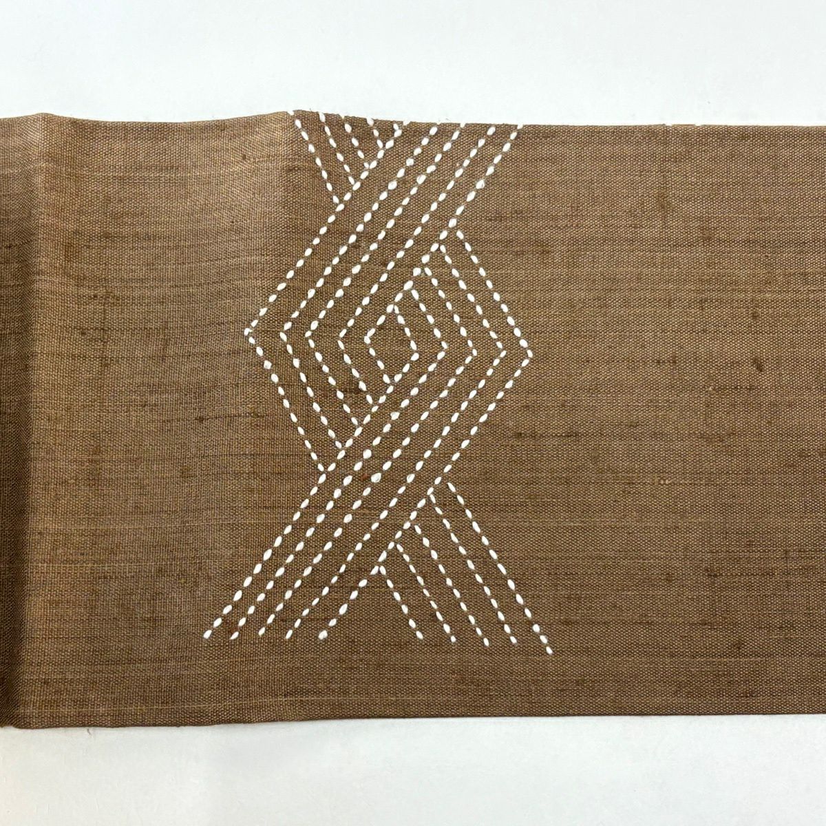 【美品】 袋帶 秀品級 關西仕立 雜幾何圖案 刺繡 染色 焦茶 純蠶絲