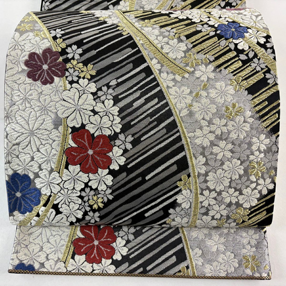 【美品】 袋帶 秀品級 花紅彩 櫻花 斜紋 金絲 金金箔 黑 六通 純蠶絲