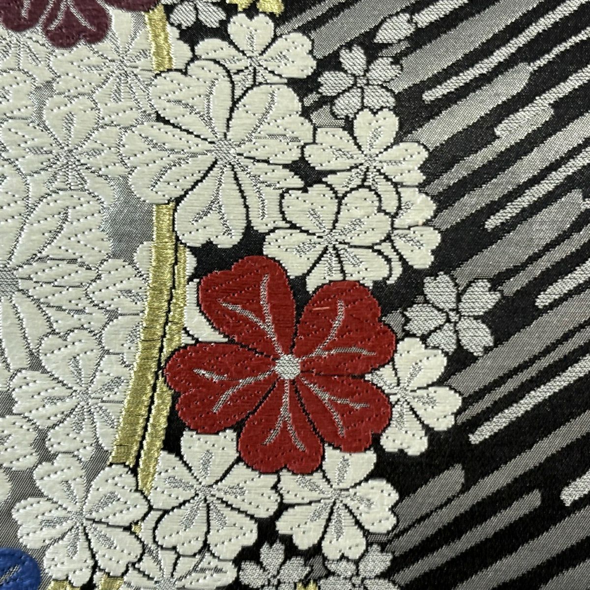 【美品】 袋帶 秀品級 花紅彩 櫻花 斜紋 金絲 金金箔 黑 六通 純蠶絲