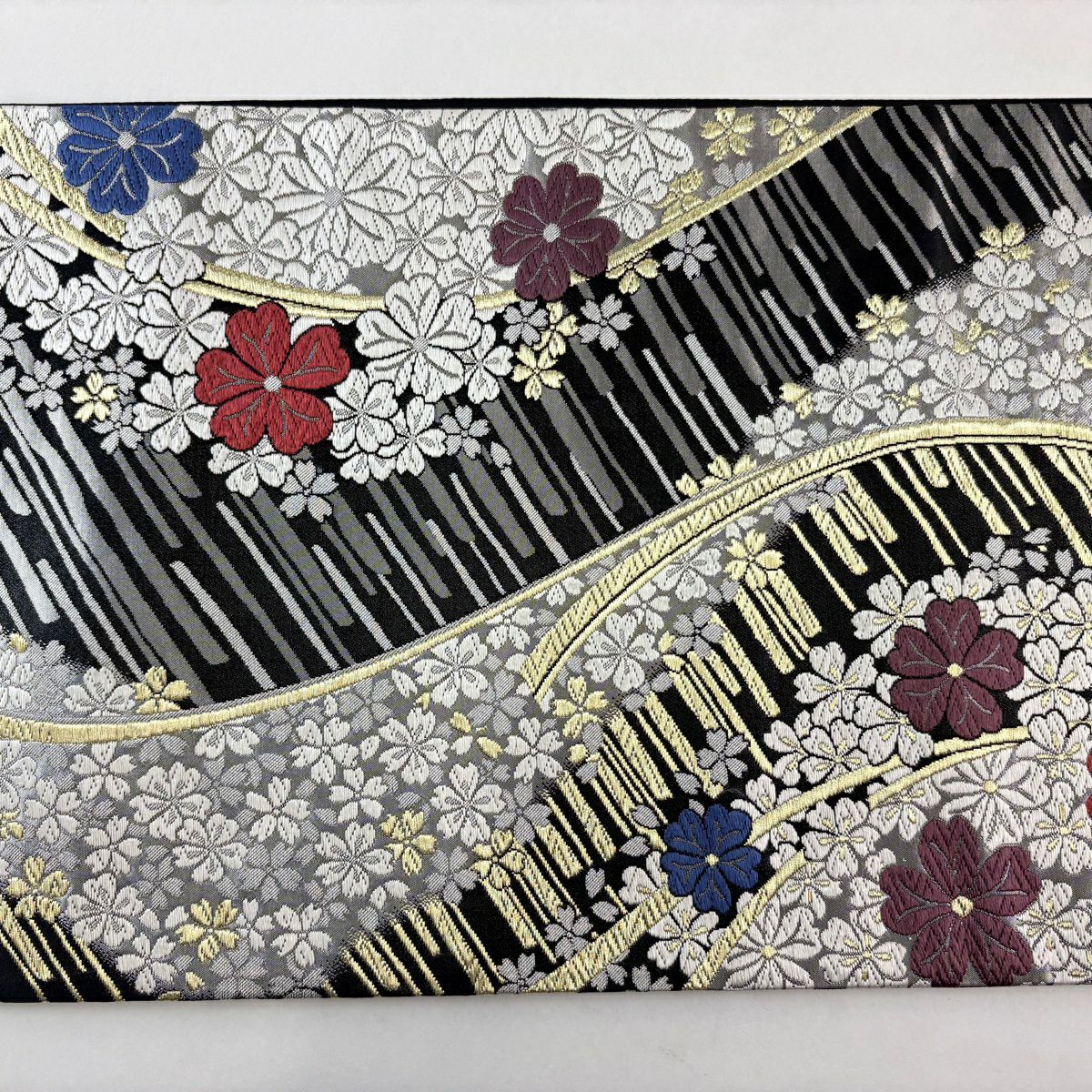 【美品】 袋帶 秀品級 花紅彩 櫻花 斜紋 金絲 金金箔 黑 六通 純蠶絲