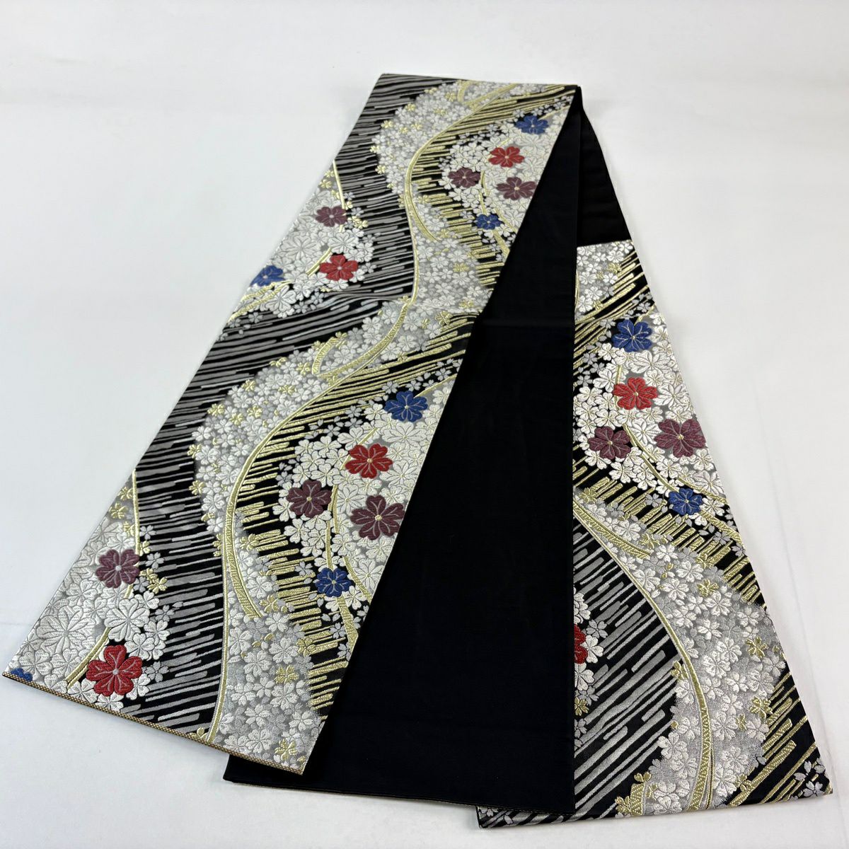 【美品】 袋帶 秀品級 花紅彩 櫻花 斜紋 金絲 金金箔 黑 六通 純蠶絲