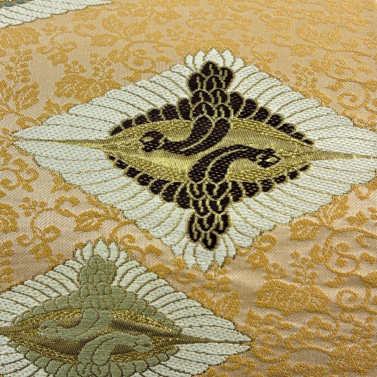 袋帶 秀品級 向仙鶴菱 花唐草紋 金絲 金金箔 淺橙 六通 純蠶絲