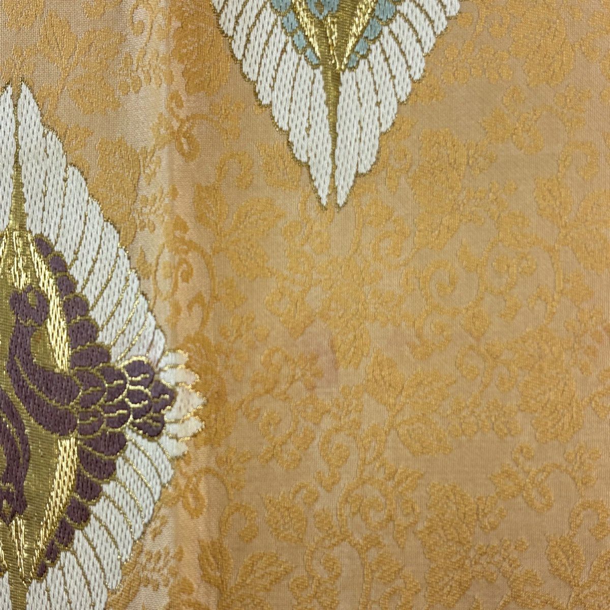 袋帶 秀品級 向仙鶴菱 花唐草紋 金絲 金金箔 淺橙 六通 純蠶絲