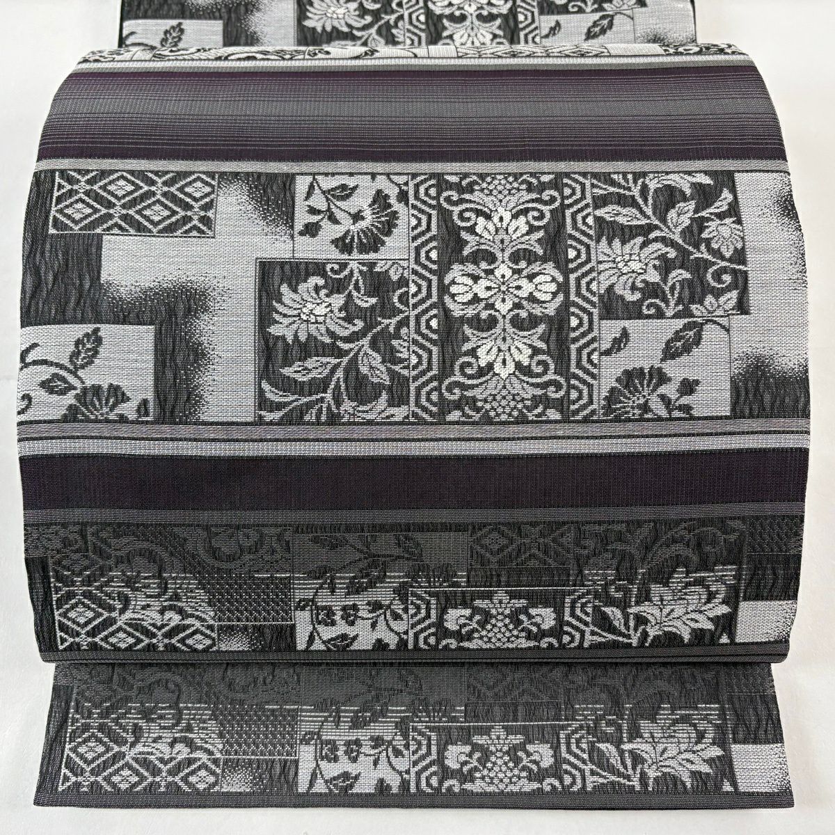 【美品】 袋帶 秀品級 證書齊全 夏帶 草花紋紋 條紋 灰紫 六通 純蠶絲