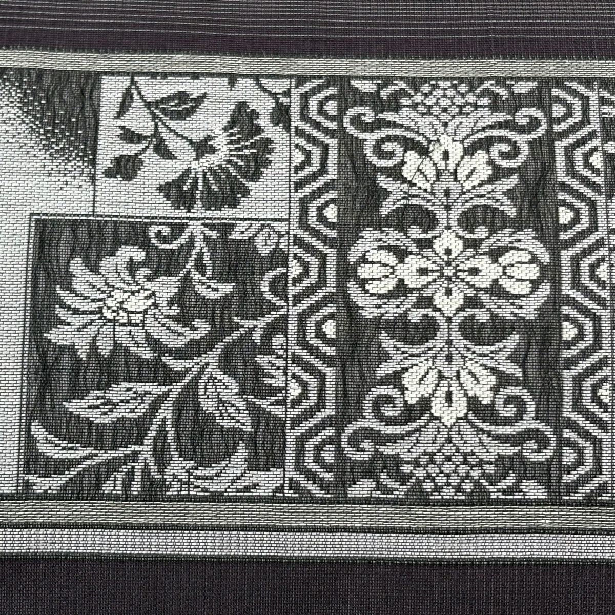 【美品】 袋帶 秀品級 證書齊全 夏帶 草花紋紋 條紋 灰紫 六通 純蠶絲