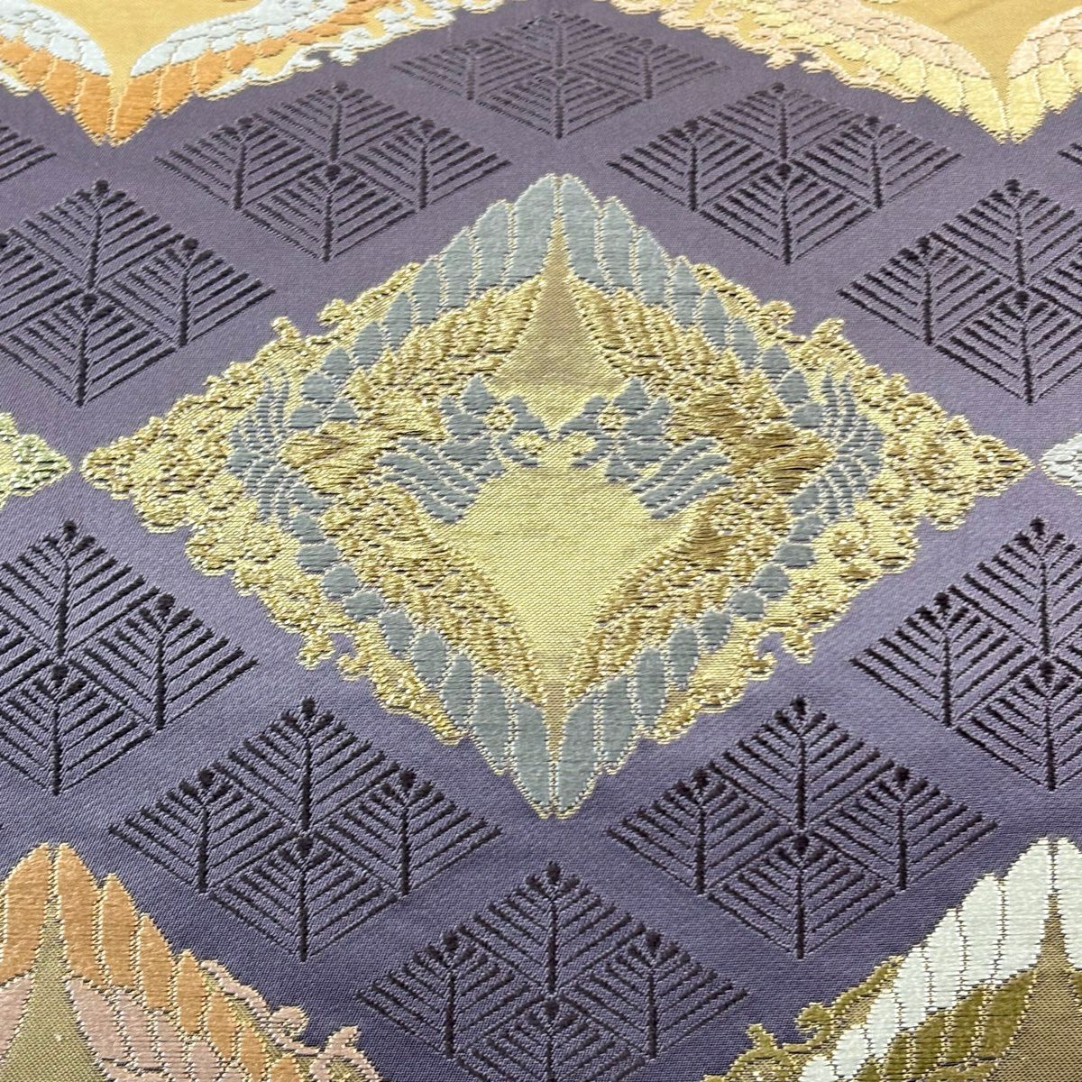 【美品】 袋帶 秀品級 松樹菱鳳凰華紋 向鳥 菱 金金箔 金絲 紫 六通 純蠶絲