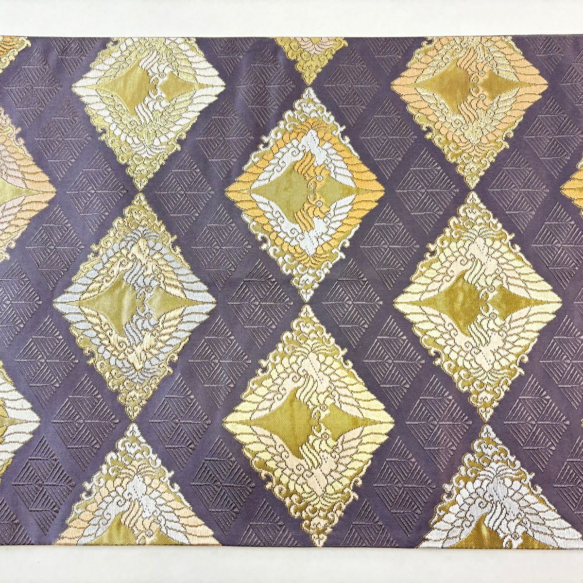 【美品】 袋帶 秀品級 松樹菱鳳凰華紋 向鳥 菱 金金箔 金絲 紫 六通 純蠶絲