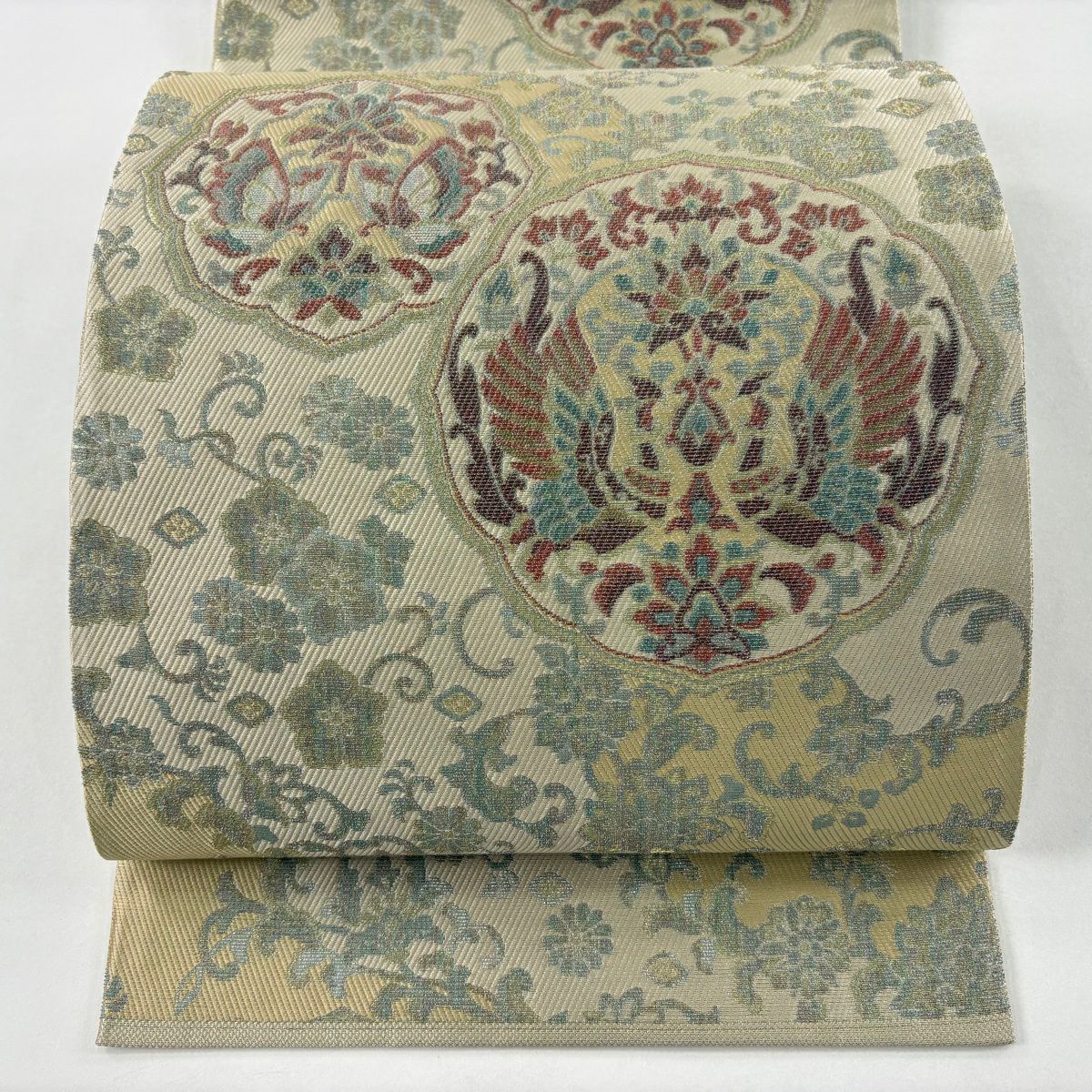 【美品】 袋帶 秀品級 向鳥 蝴蝶 金絲 米色 六通 純蠶絲