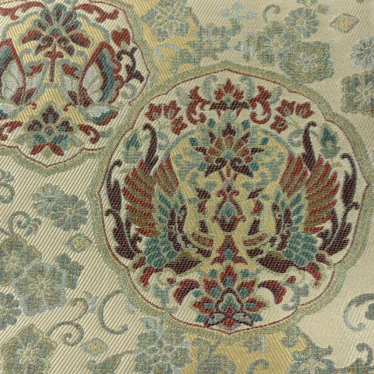 【美品】 袋帶 秀品級 向鳥 蝴蝶 金絲 米色 六通 純蠶絲