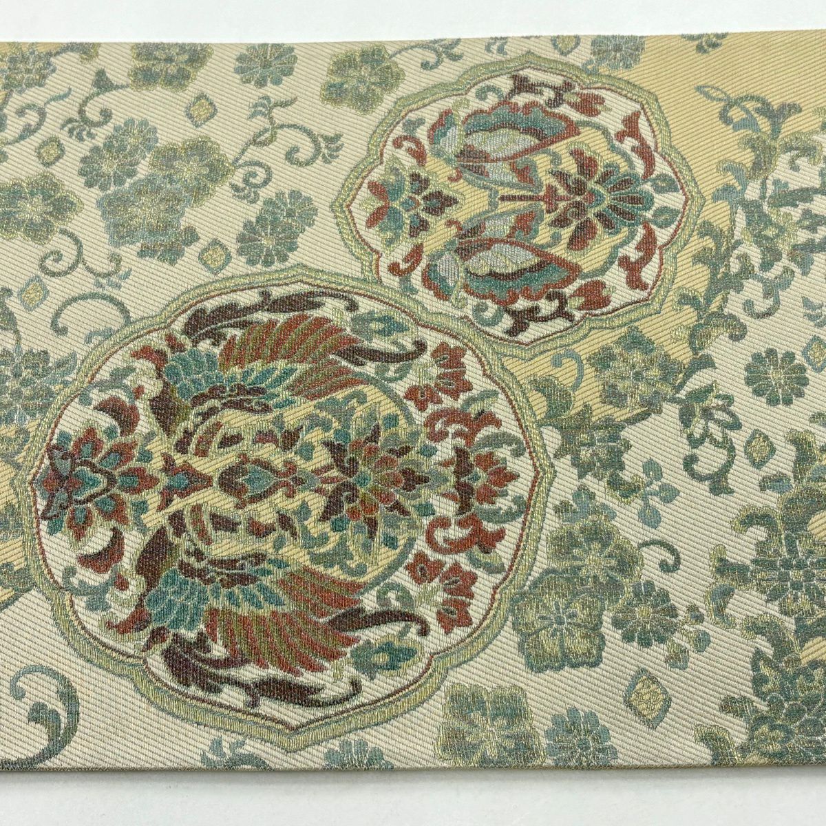 【美品】 袋帶 秀品級 向鳥 蝴蝶 金絲 米色 六通 純蠶絲