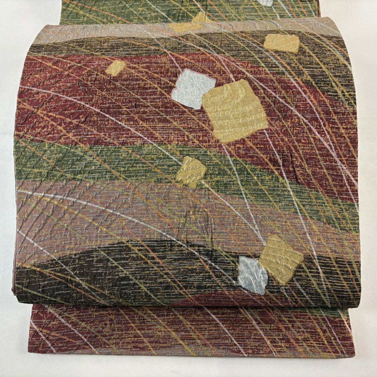 【美品】 袋帶 秀品級 紬織織 金金箔散佈 幾何圖案 金銀彩 紅紫 全通 純蠶絲