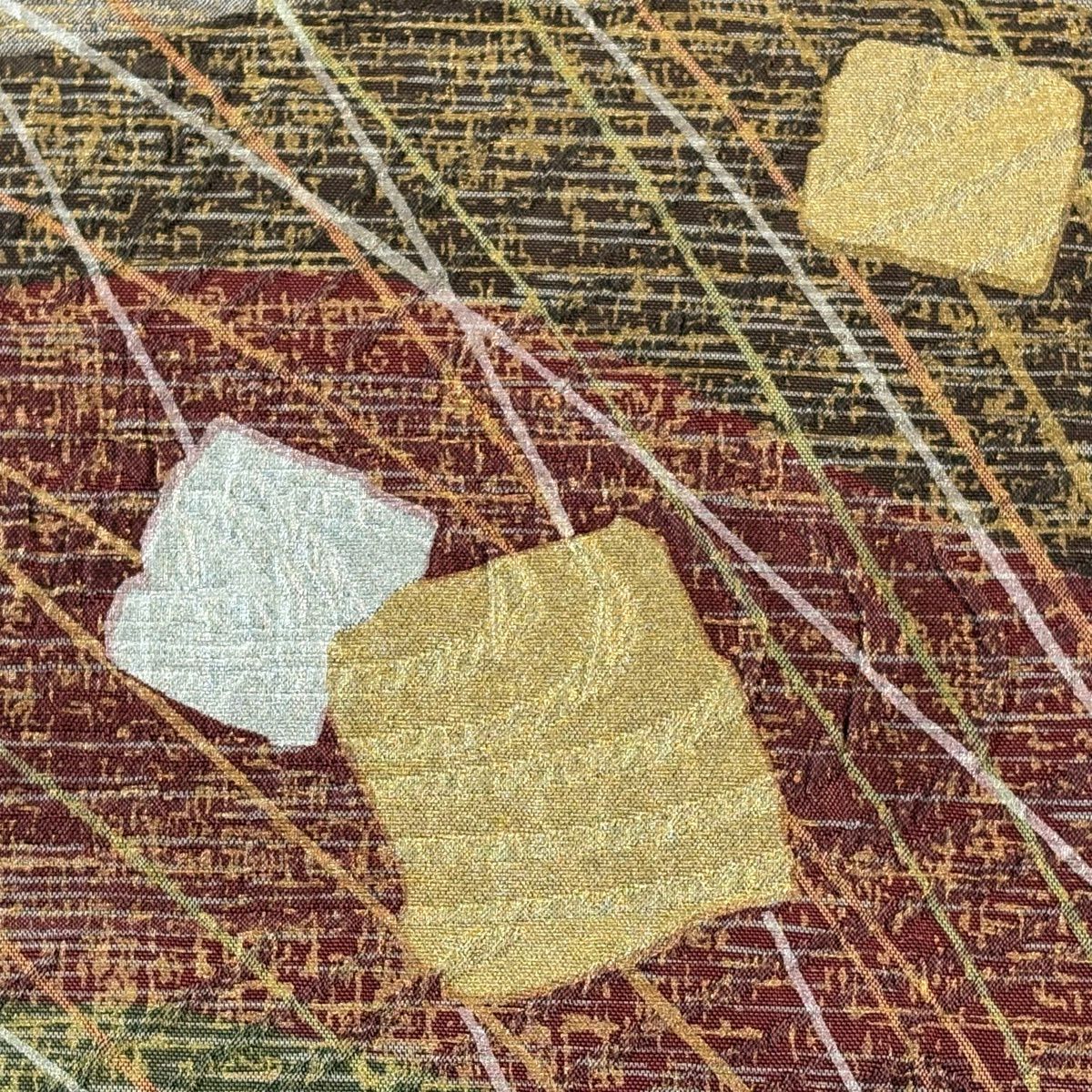 【美品】 袋帶 秀品級 紬織織 金金箔散佈 幾何圖案 金銀彩 紅紫 全通 純蠶絲