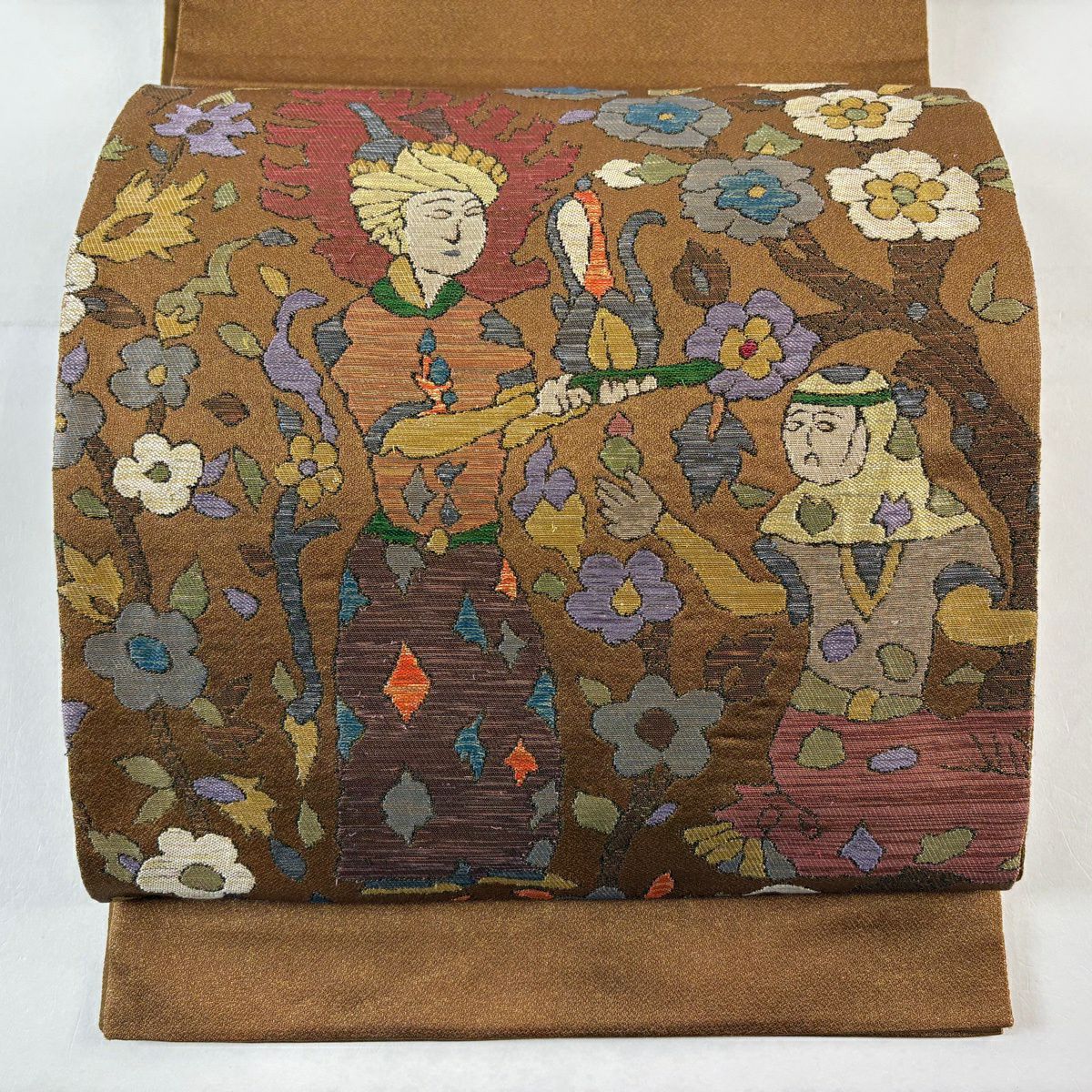 【美品】 袋帶 秀品級 人物 草花紋紋 金金箔 茶 純蠶絲