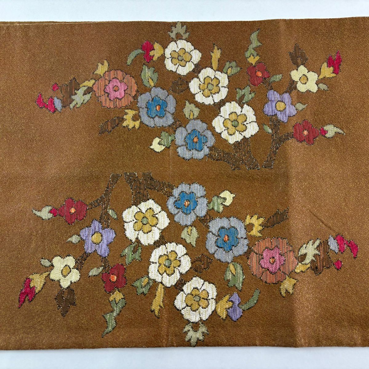 【美品】 袋帶 秀品級 人物 草花紋紋 金金箔 茶 純蠶絲