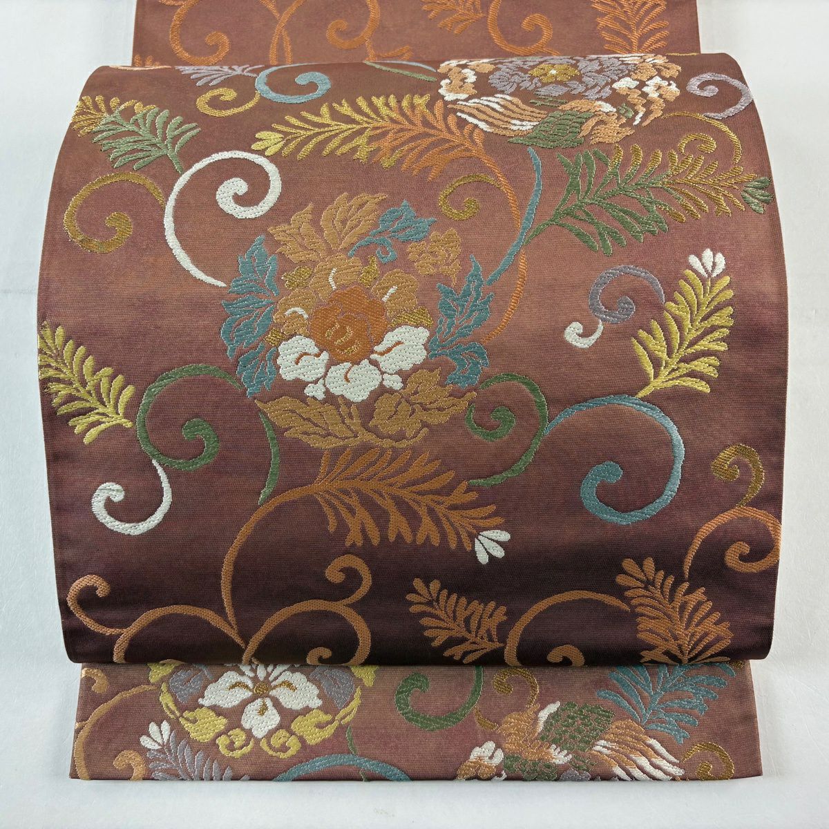 【美品】 袋帶 秀品級 唐草紋 花鳥 金糸 金金箔 茶 六通 純蠶絲