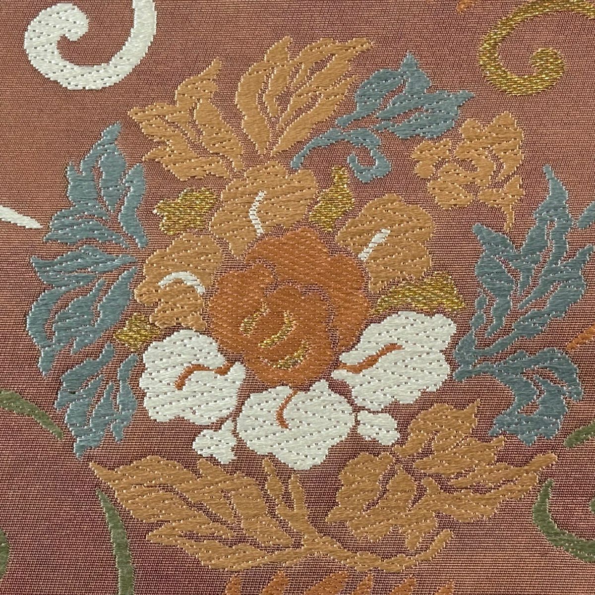 【美品】 袋帶 秀品級 唐草紋 花鳥 金糸 金金箔 茶 六通 純蠶絲