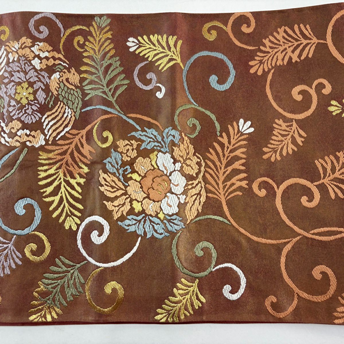 【美品】 袋帶 秀品級 唐草紋 花鳥 金糸 金金箔 茶 六通 純蠶絲