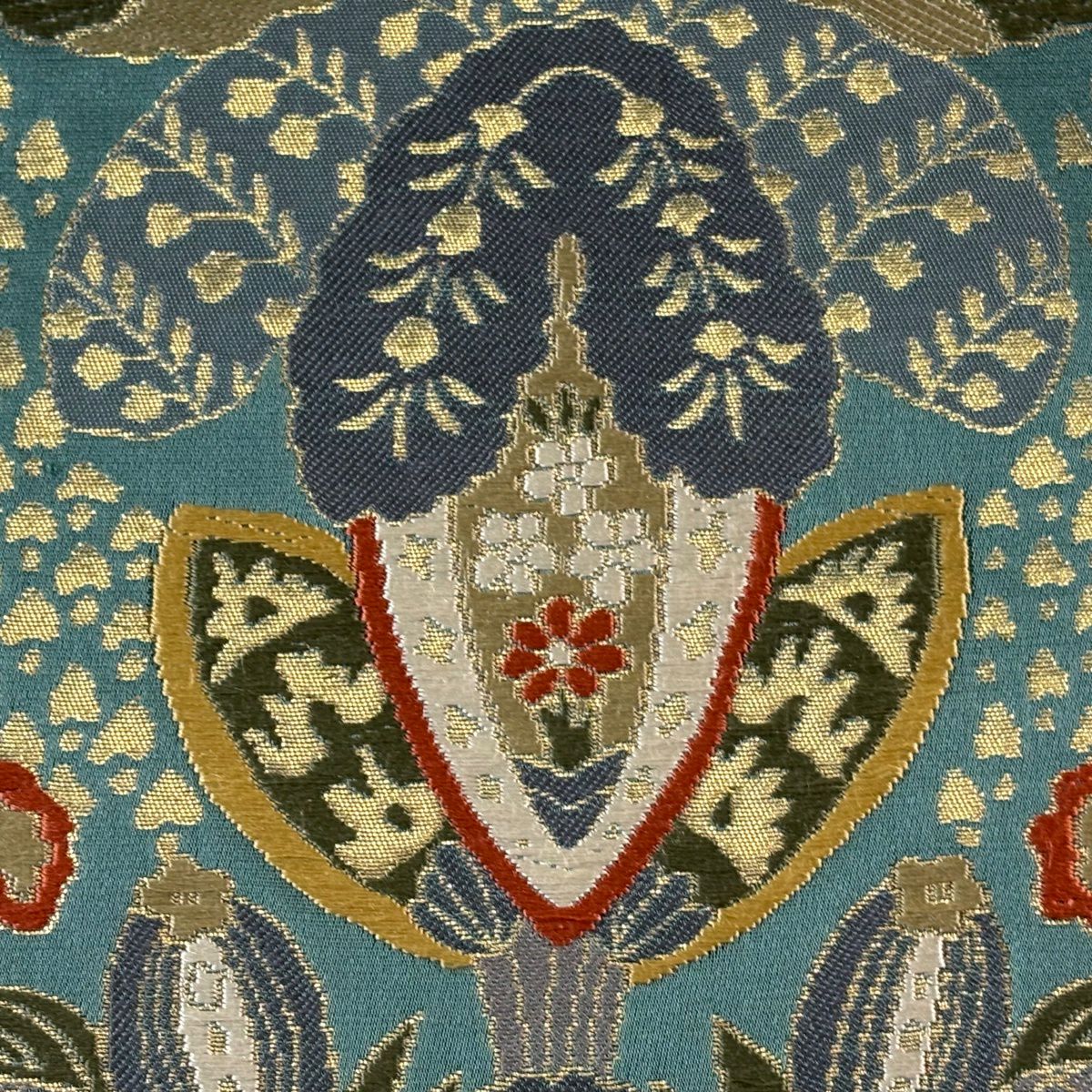 【美品】 袋帶 秀品級 草花紋紋 金金箔 青綠 六通 純蠶絲