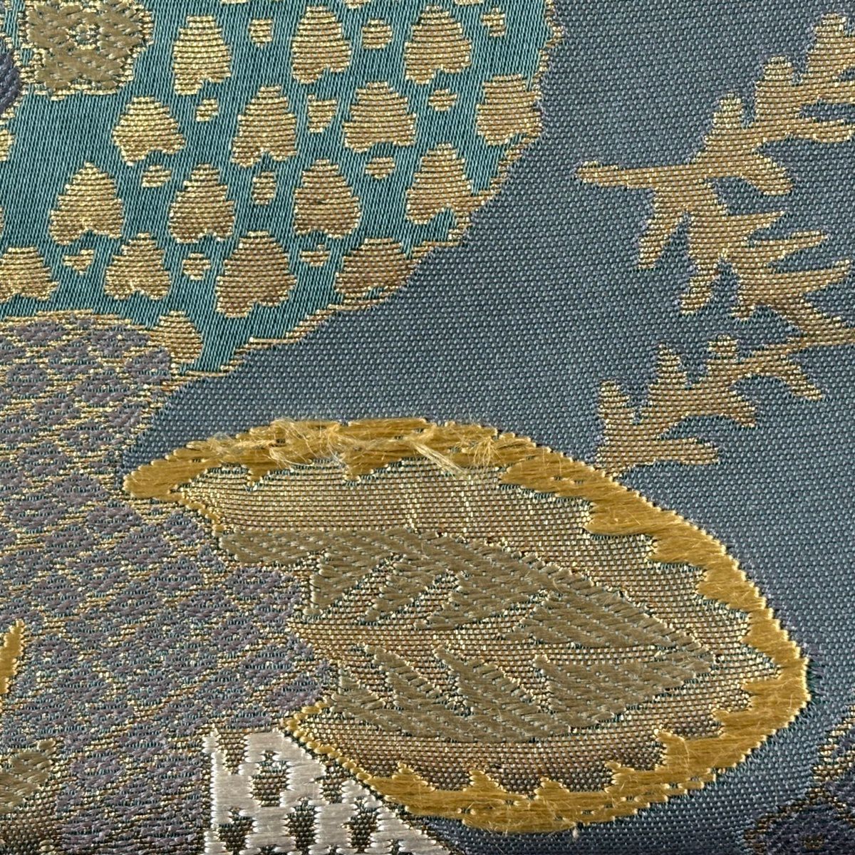 【美品】 袋帶 秀品級 草花紋紋 金金箔 青綠 六通 純蠶絲