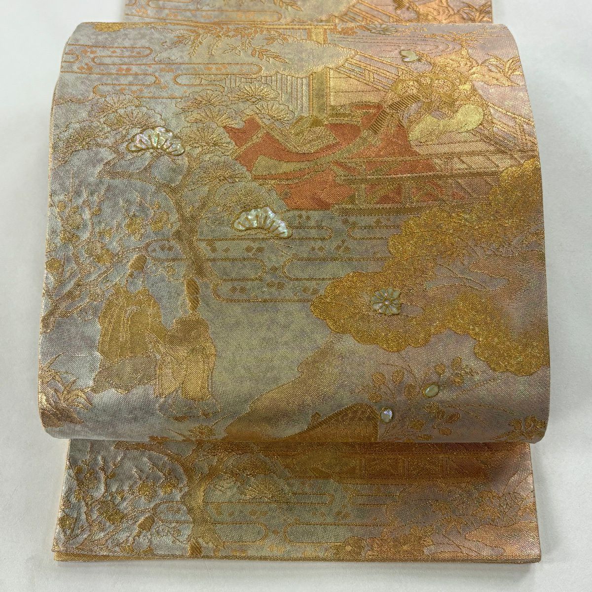 【美品】 袋帶 秀品級 人物 草花紋 螺鈿 金絲 淺橙色 大鼓圖案 純蠶絲
