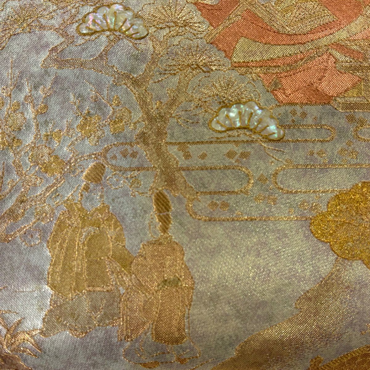 【美品】 袋帶 秀品級 人物 草花紋 螺鈿 金絲 淺橙色 大鼓圖案 純蠶絲