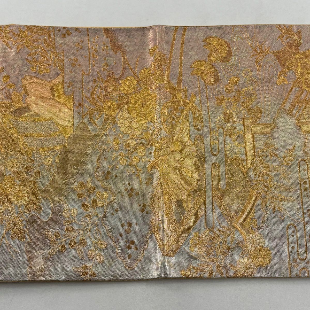 【美品】 袋帶 秀品級 人物 草花紋 螺鈿 金絲 淺橙色 大鼓圖案 純蠶絲