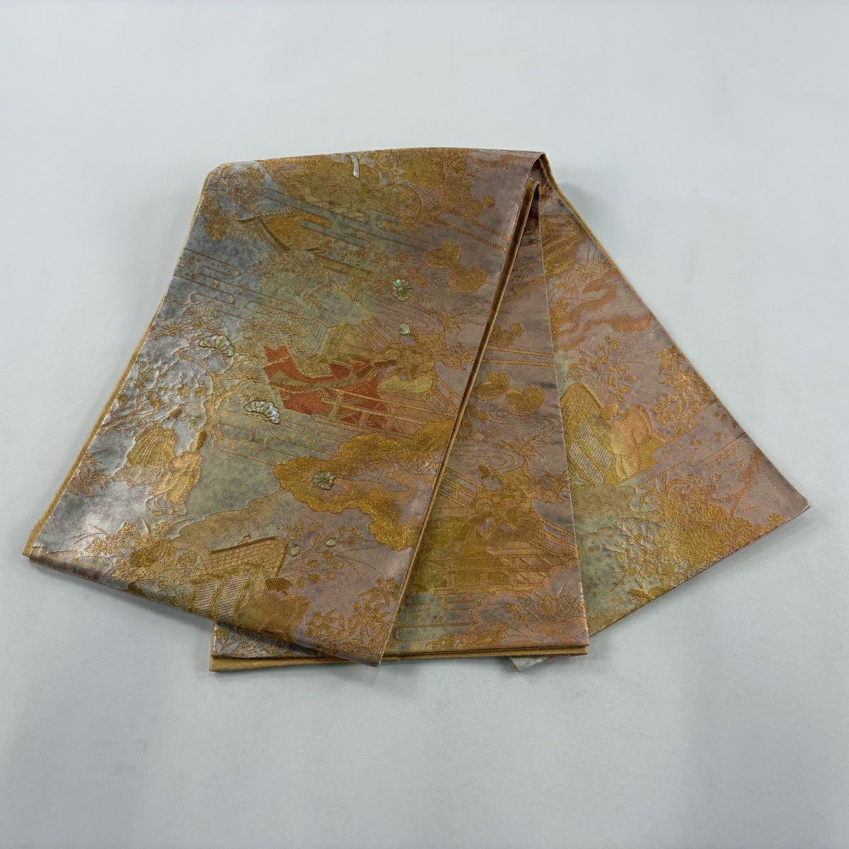 【美品】 袋帶 秀品級 人物 草花紋 螺鈿 金絲 淺橙色 大鼓圖案 純蠶絲