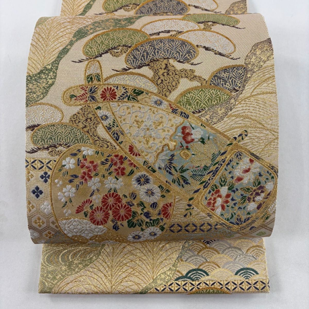 【美品】 袋帶 秀品級 松樹竹子梅花 青海波 金銀糸 金金箔 米色 六通 純蠶絲