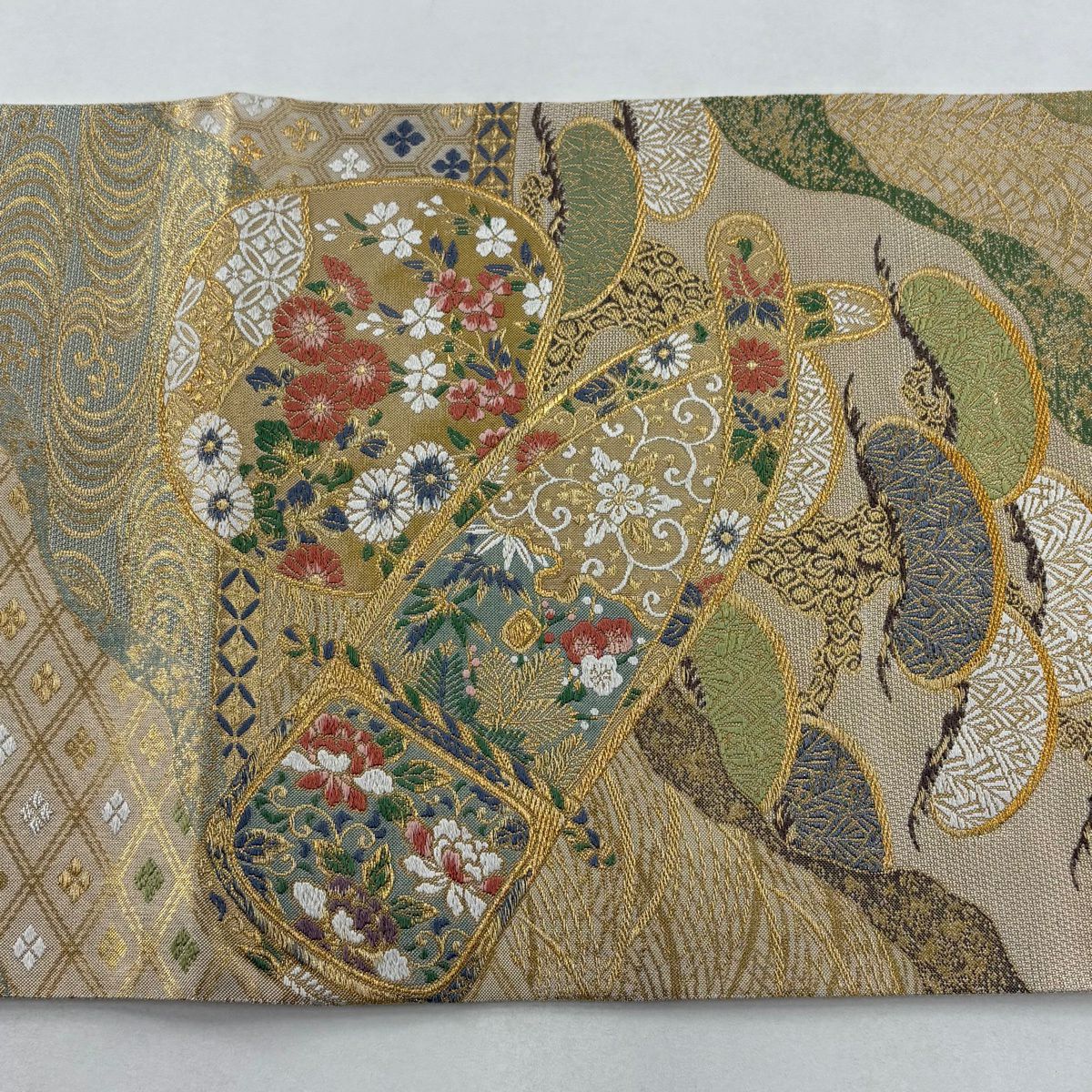 【美品】 袋帶 秀品級 松樹竹子梅花 青海波 金銀糸 金金箔 米色 六通 純蠶絲