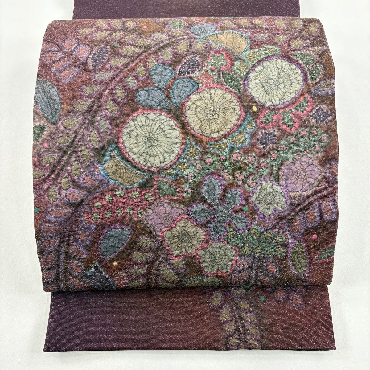 【美品】 袋帶 秀品級 辻花染圖案 金通 絞染 茶紫 お太鼓圖案 純蠶絲