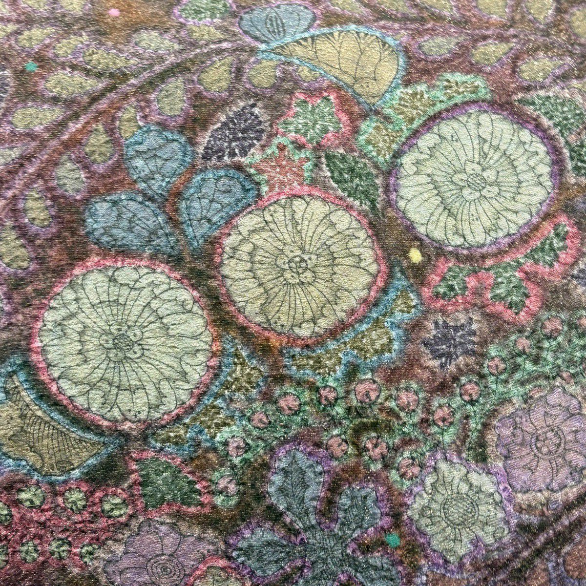 【美品】 袋帶 秀品級 辻花染圖案 金通 絞染 茶紫 お太鼓圖案 純蠶絲