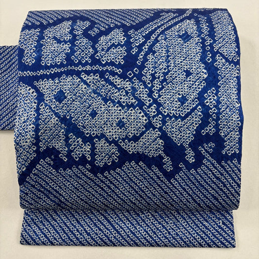 名古屋帶 秀品級 蝴蝶 幾何圖案 全絞染 藍色 純蠶絲