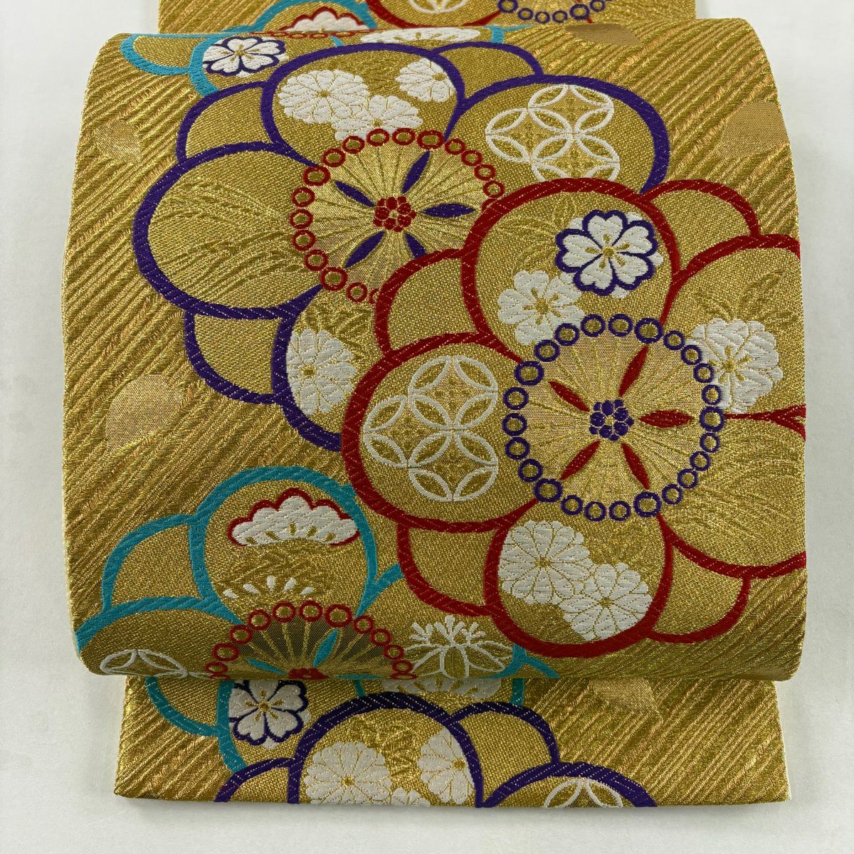 【美品】 袋帶 秀品級 松樹竹子梅花 櫻花 金糸 金金箔 金色 六通 純蠶絲