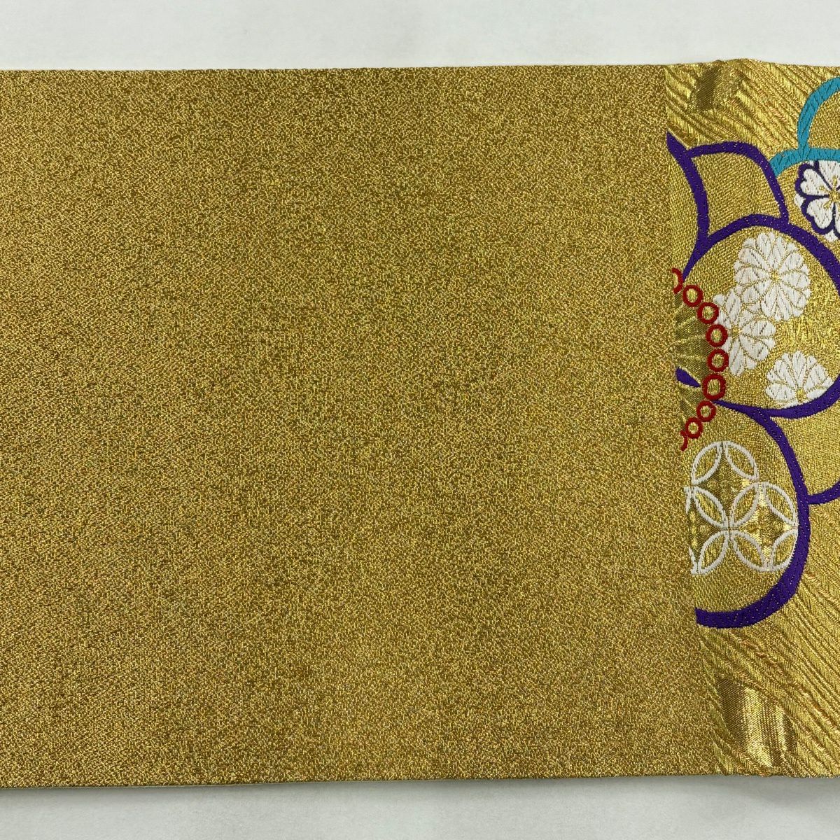 【美品】 袋帶 秀品級 松樹竹子梅花 櫻花 金糸 金金箔 金色 六通 純蠶絲