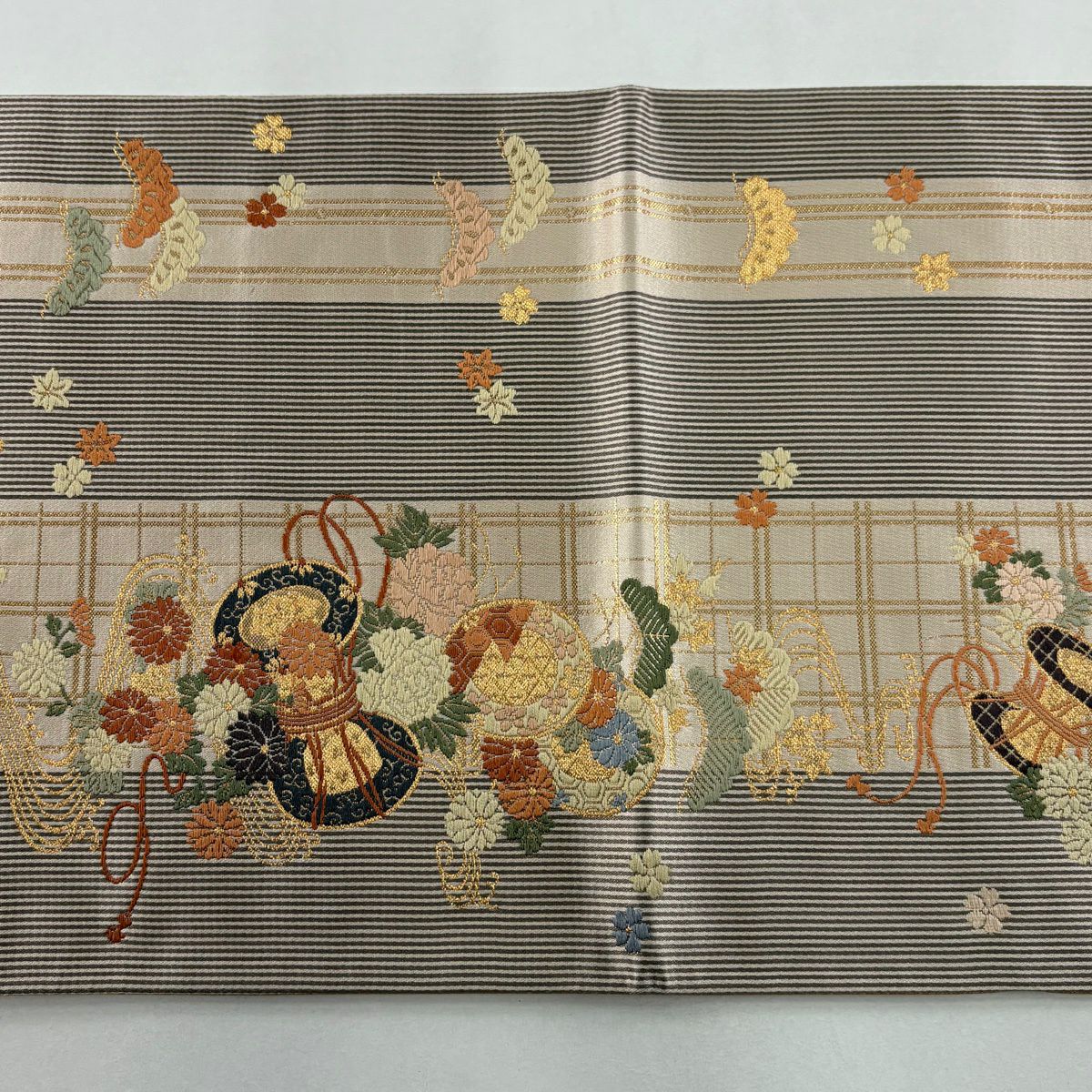 袋帶 秀品級 鼓 草花紋 金糸 金金箔 薄橙 六通 純蠶絲