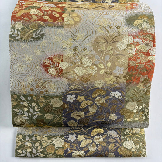 袋帶 秀品級 秋草 霞 金金箔 米色 六通 純蠶絲