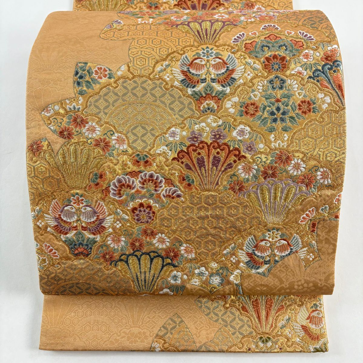 【美品】 袋帶 秀品級 草花紋紋 向鳥 金絲 金金箔 淺橙色 六通 純蠶絲
