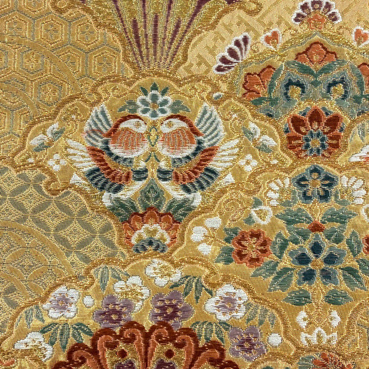 【美品】 袋帶 秀品級 草花紋紋 向鳥 金絲 金金箔 淺橙色 六通 純蠶絲