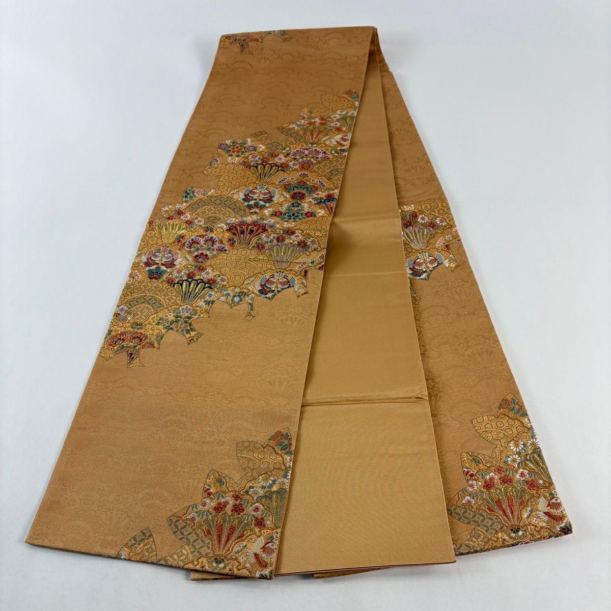 【美品】 袋帶 秀品級 草花紋紋 向鳥 金絲 金金箔 淺橙色 六通 純蠶絲